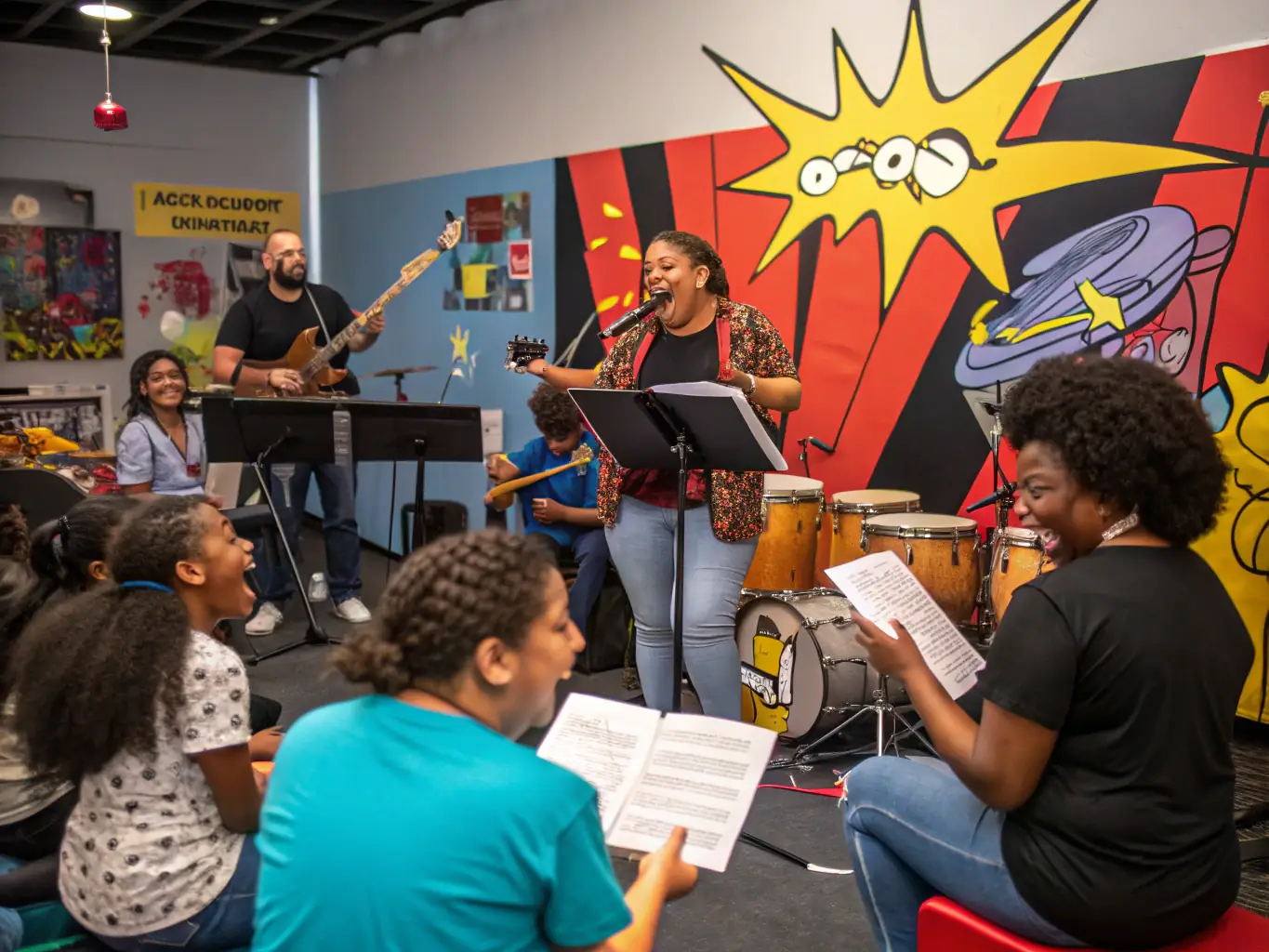 An image of children and adults engaged in a hands-on music workshop, with instruments and teaching materials visible, representing the Educational Workshops and Cultural Activities program.
