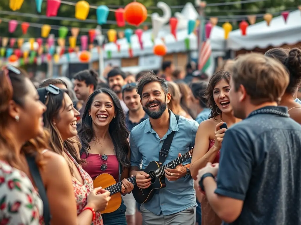 A vibrant image depicting a community musical event hosted by MUSIC FOR FEBRUARY, showcasing diverse participants enjoying a live performance in an outdoor setting. The image should capture the energy and inclusivity of the event.