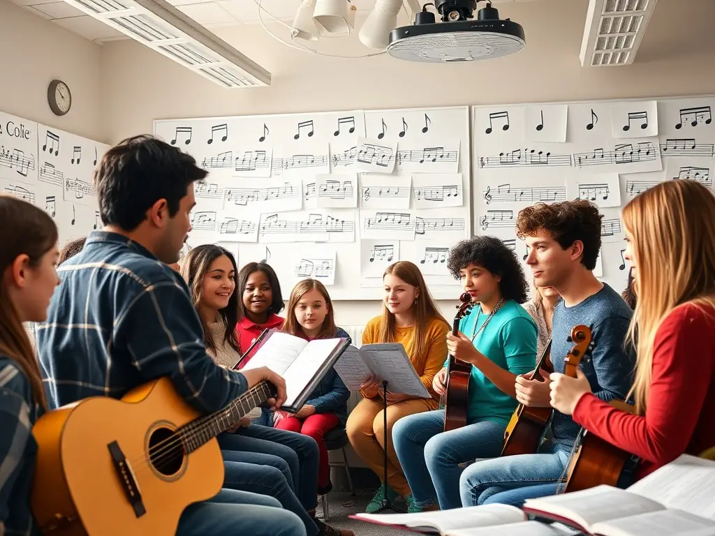 An engaging image showcasing participants in an educational workshop, learning about musical techniques and traditions from experienced instructors.