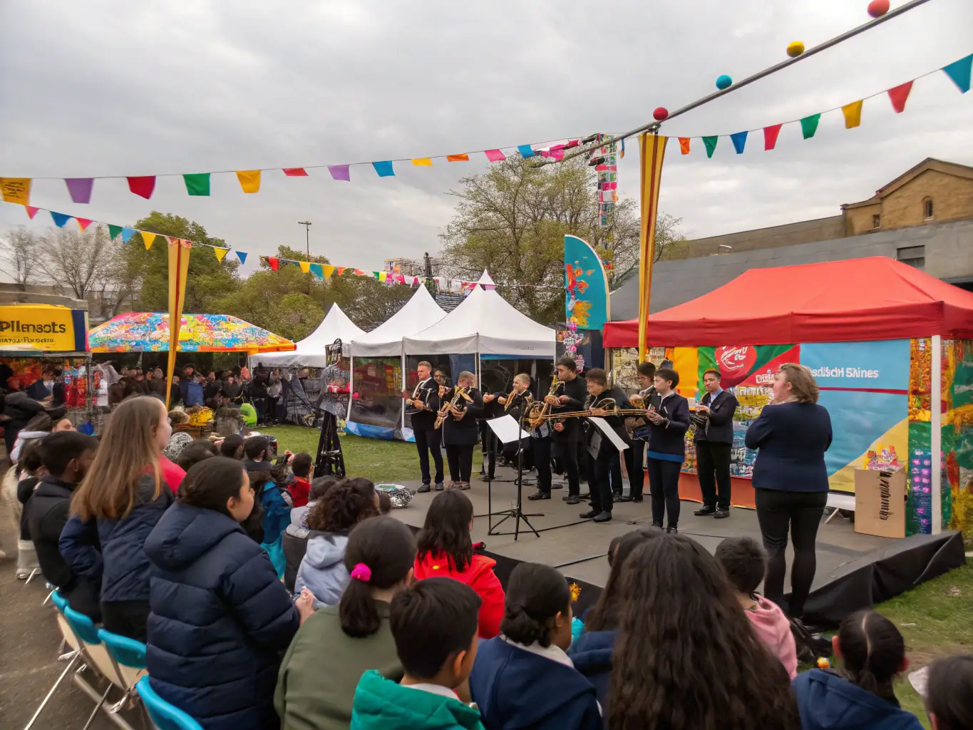 A vibrant image depicting a community musical event organized by MUSIC FOR FEBRUARY, featuring diverse participants enjoying a live performance in an outdoor setting.