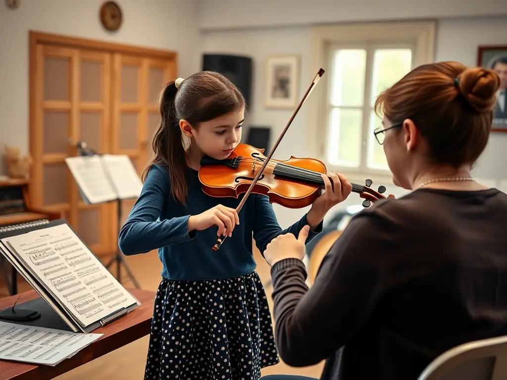 A heartwarming image showing MUSIC FOR FEBRUARY providing support to local artists, featuring a mentor guiding a young musician during a rehearsal. The image should highlight the organization's commitment to nurturing emerging talent.