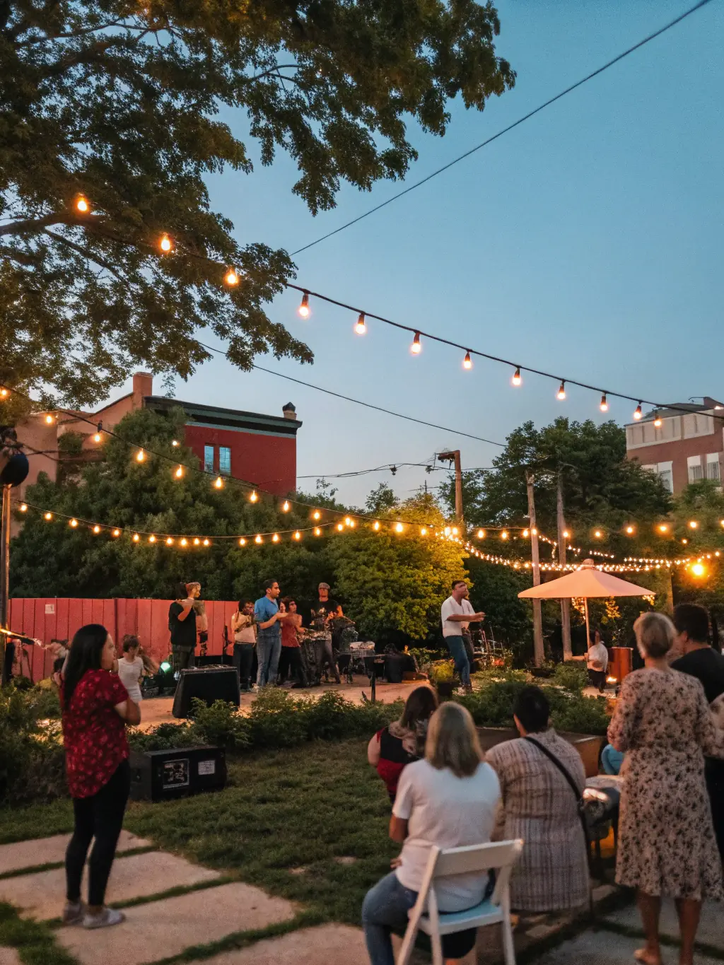 A vibrant image of a community concert organized by MUSIQUE POUR FEVRIER, featuring diverse participants and a lively atmosphere, showcasing the organization's commitment to accessible musical events.
