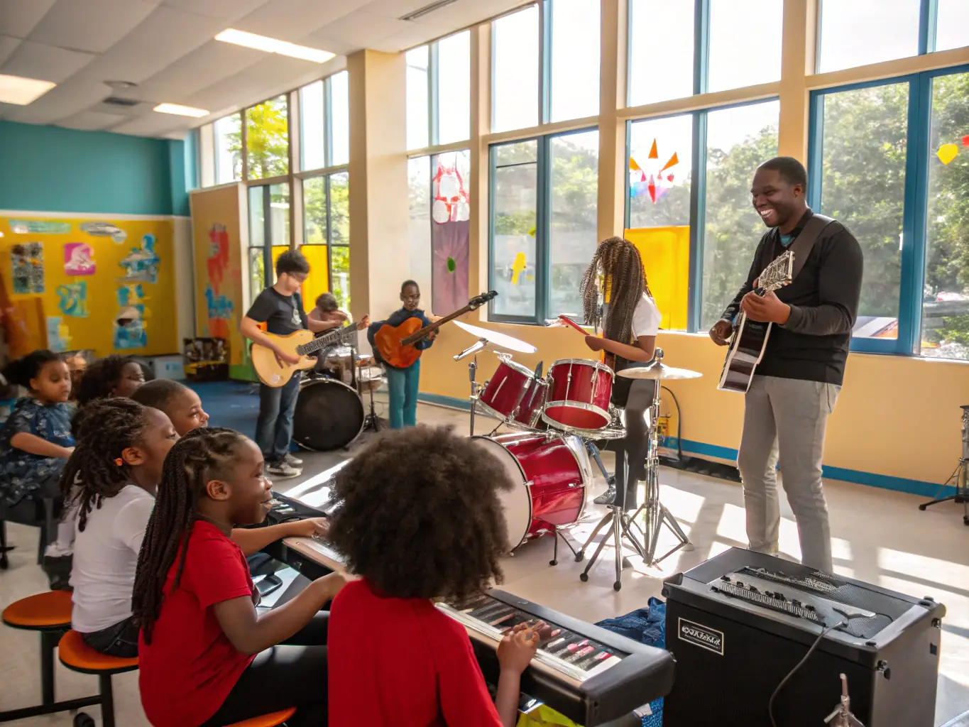 An engaging image of an educational workshop organized by MUSIC FOR FEBRUARY, featuring participants of various ages learning about musical instruments and techniques. The image should convey the educational and interactive nature of the workshop.