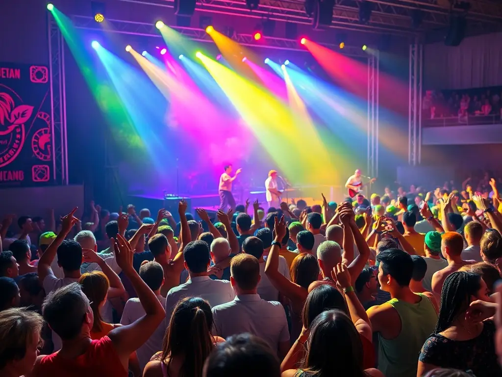 A vibrant image of a diverse crowd enjoying a live outdoor concert with musicians performing on stage under colorful lighting, representing the Community Musical Events program.