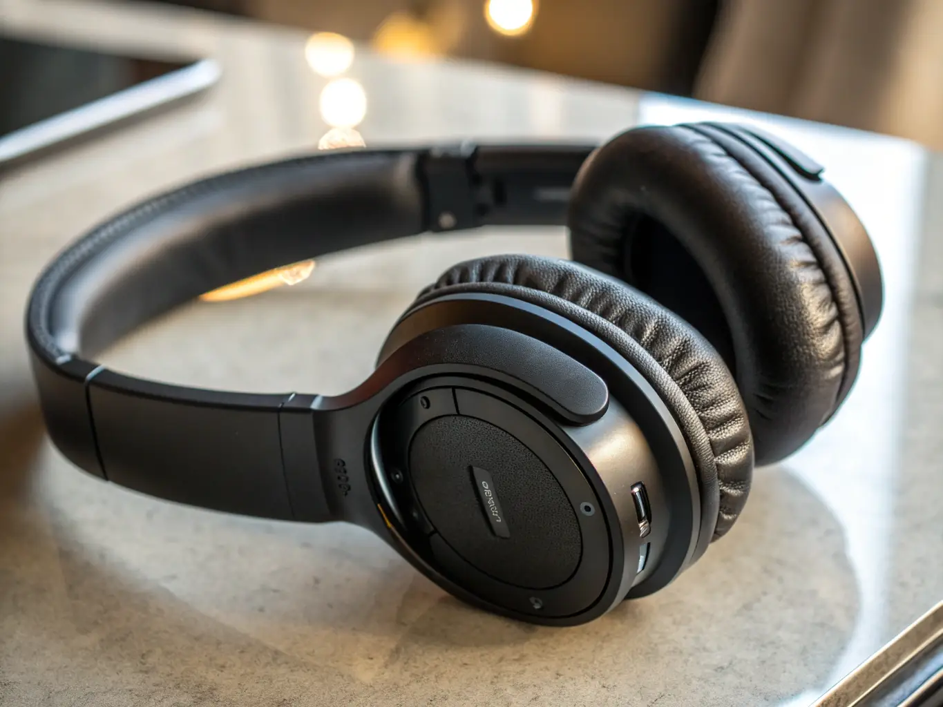 A pair of high-quality headphones resting on a music sheet, symbolizing the immersive listening experience they provide. The background is softly lit, creating a warm and inviting atmosphere.