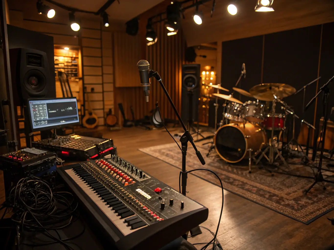 A collection of essential music accessories, including cables, stands, and cases, neatly arranged on a table. The setting is a music studio, emphasizing the professional quality of the accessories.