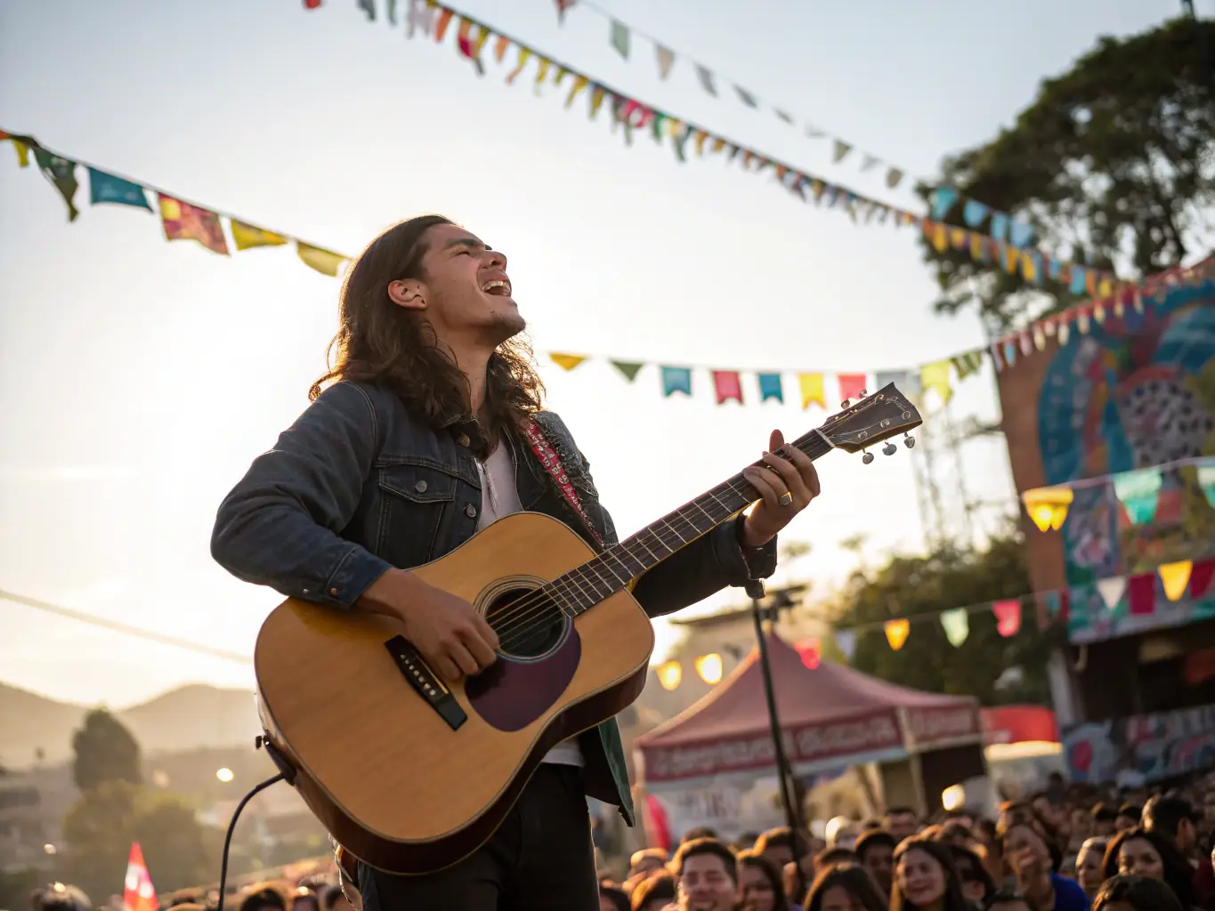 A photo of a local artist performing at a community event, engaging with an attentive audience, representing the Artist Support and Community Outreach program.
