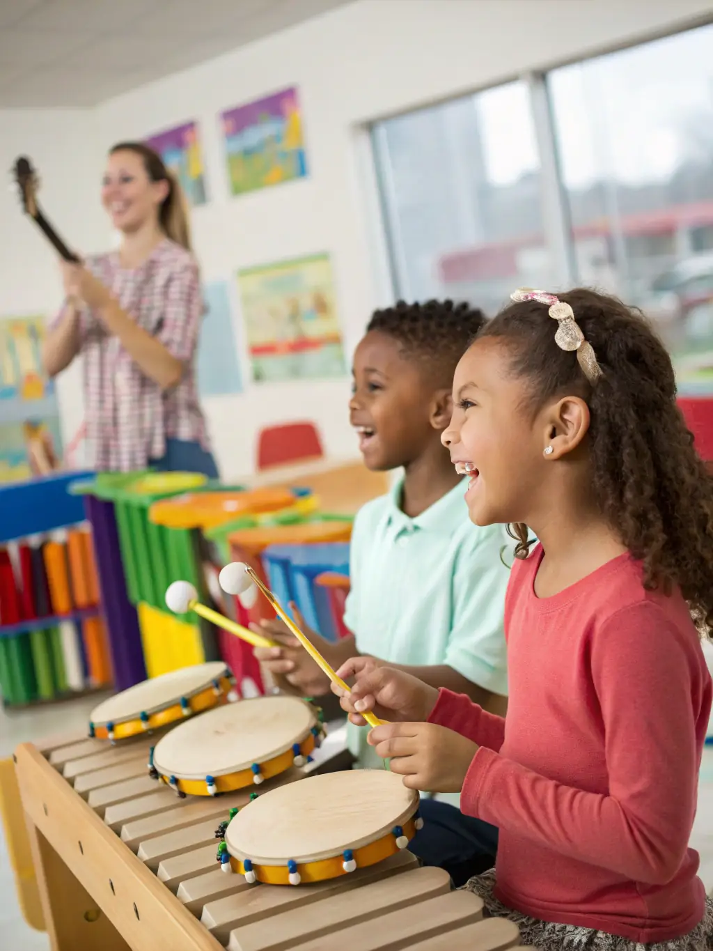 A photograph of children participating in a music workshop, learning to play instruments and engaging in creative expression, highlighting the organization's educational initiatives.